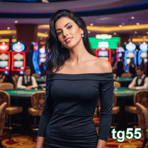 Jogadora sorridente em cassino da tg55, com máquinas ao fundo