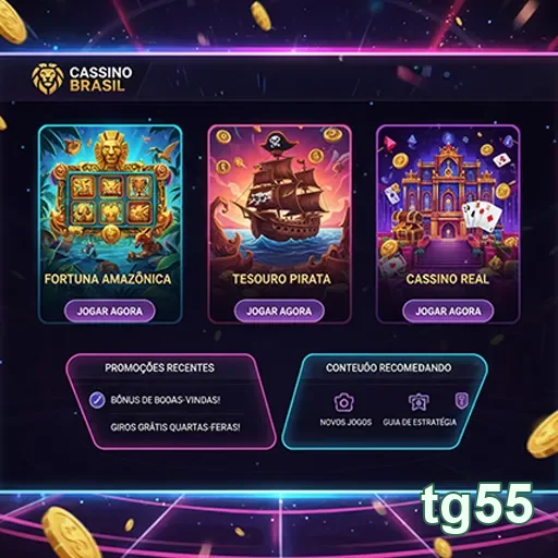 Interface de jogos VIP do tg55 com Fortuna Amazônica e Tesouro Pirata.