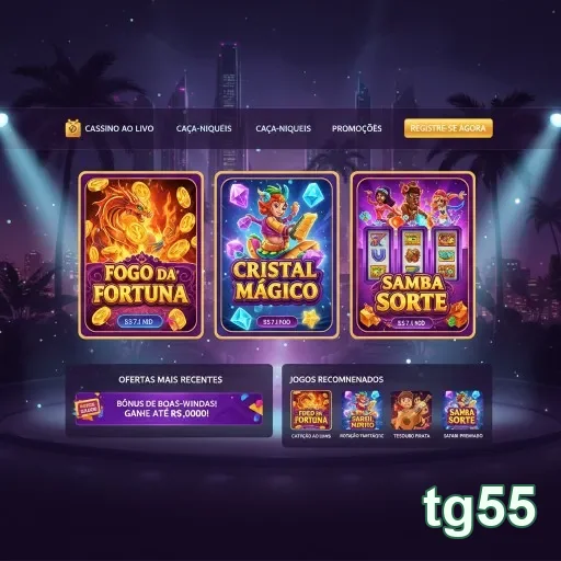 Interface da tg55 destacando jogos VIP e promoções.