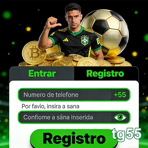 Jogador comemorando com bolas de futebol e criptomoedas no tg55.