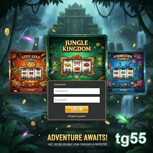 Tela do aplicativo tg55 com acesso a jogos e login rápido.