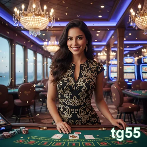 Jogadora de cassino com fichas e ambiente luxuoso na tg55.