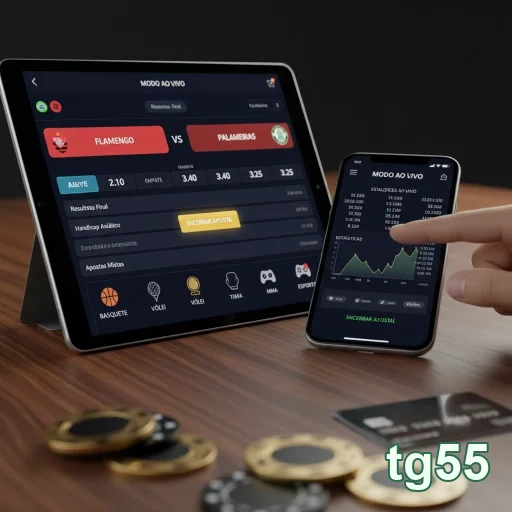 Jogador acessando serviços VIP do tg55 em dispositivos móveis.